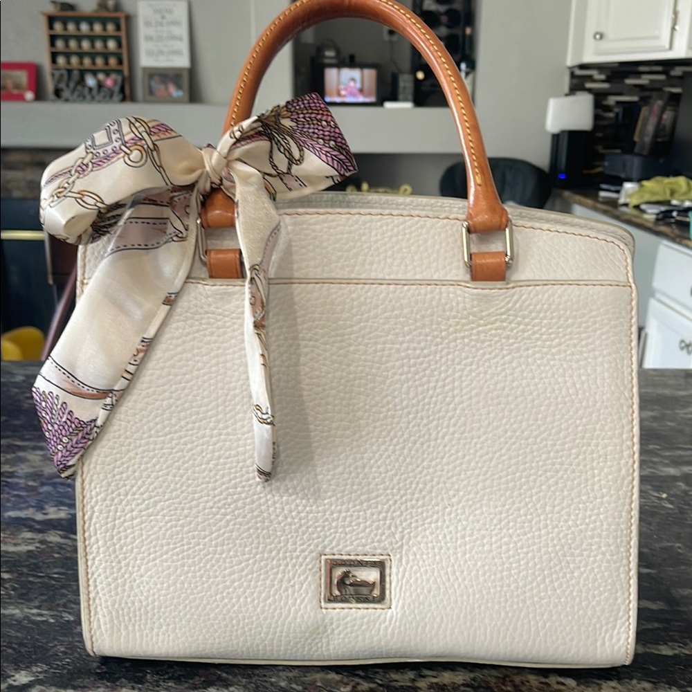 Dooney & Bourke Cream Satchel with Tan Handles scarf color may vary.